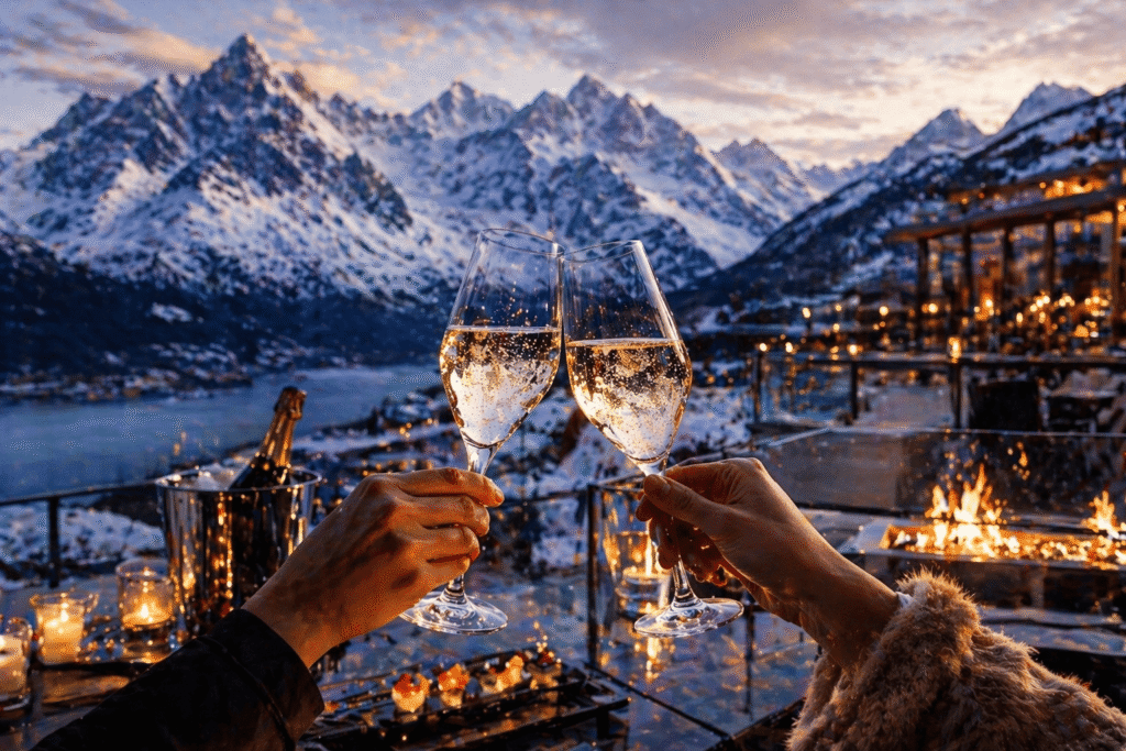 Taças de champagne em brinde de luxo na neve com vista para montanhas dos Andes no Chile