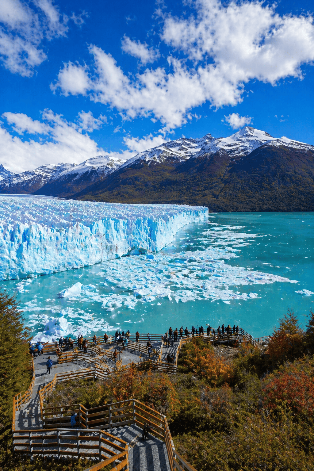Geleira na Patagônia do Chile com lago turquesa, neve nas montanhas e mirante turístico com visitantes