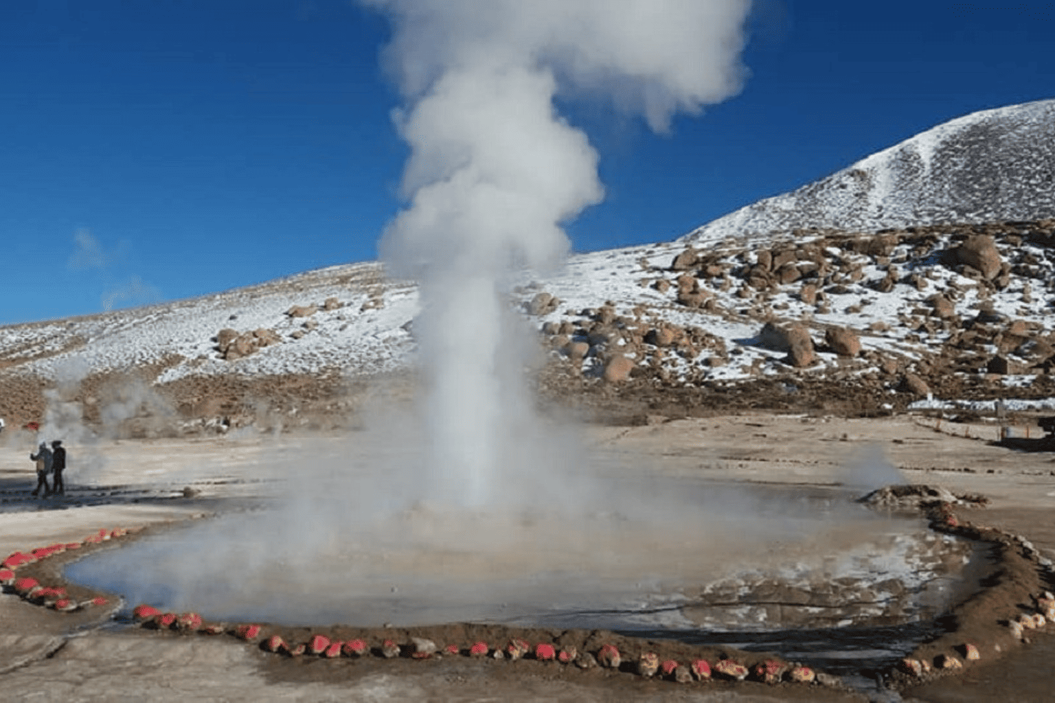 Colunas de vapor saindo dos Geysers del Tatio ao amanhecer nas montanhas do Atacama. Imagem representando o tour guiado com café da manhã premium para brasileiros no Chile.