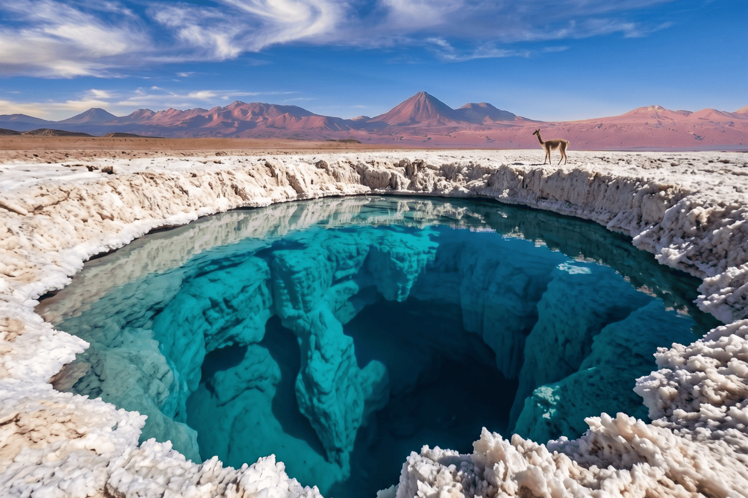 Lagoa de cor turquesa intensa cercada por crostas de sal branco nas Lagunas Escondidas de Baltinache, Atacama. Imagem representando o passeio de flutuação para turistas brasileiros.