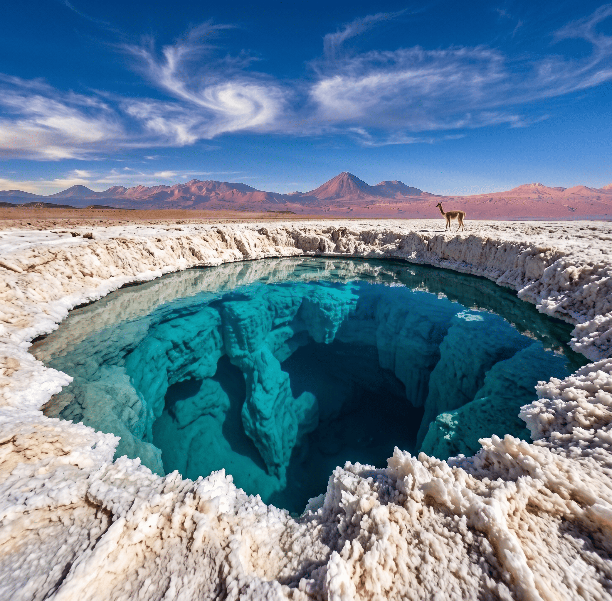 Lagoa de cor turquesa intensa cercada por crostas de sal branco nas Lagunas Escondidas de Baltinache, Atacama. Imagem representando o passeio de flutuação para turistas brasileiros.