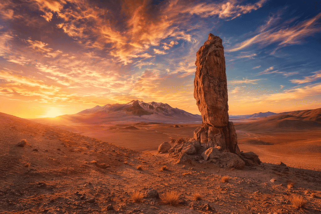 Paisagem surreal das Piedras Rojas com formações rochosas avermelhadas e lagoa azul turquesa ao fundo no Deserto do Atacama. Imagem de roteiro exclusivo para brasileiros com foco em fotografia e natureza.