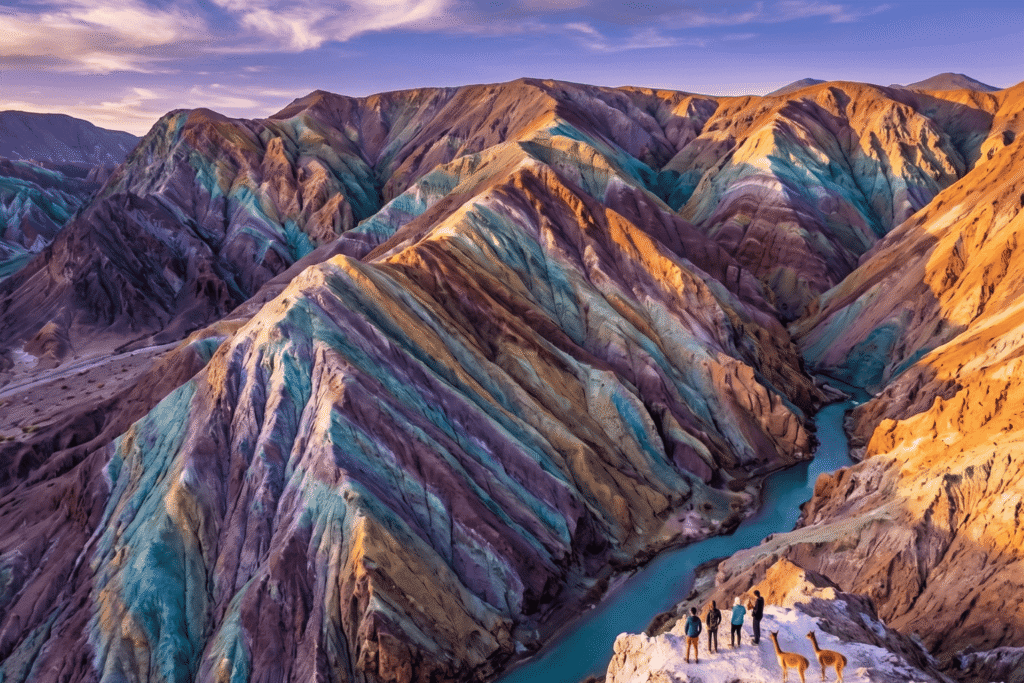 Montanhas coloridas com tons de vermelho, verde e branco no Vale do Arco-Íris, Deserto do Atacama. Imagem de roteiro turístico exclusivo com guia brasileiro para observação de formações geológicas.,