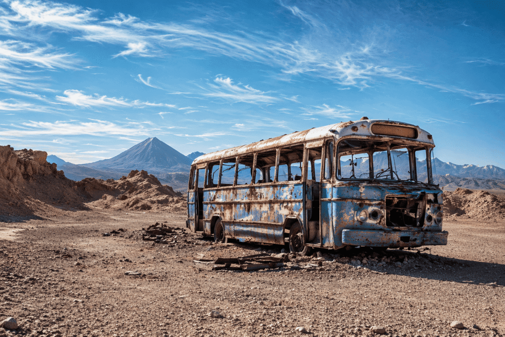 Ônibus abandonado no meio do Deserto do Atacama, no setor de Vallecito, sob um céu azul profundo. Imagem de roteiro turístico focado em fotografia e exclusividade para brasileiros.
