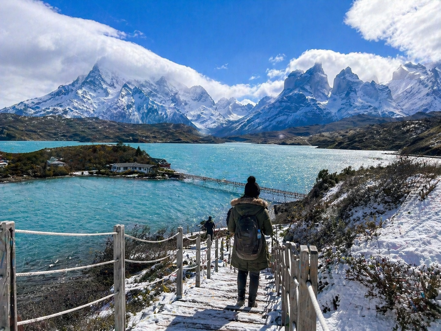 Passeio na neve em Torres del Paine Chile, turista caminhando com vista para lago azul e montanhas nevadas da Patagônia chilena