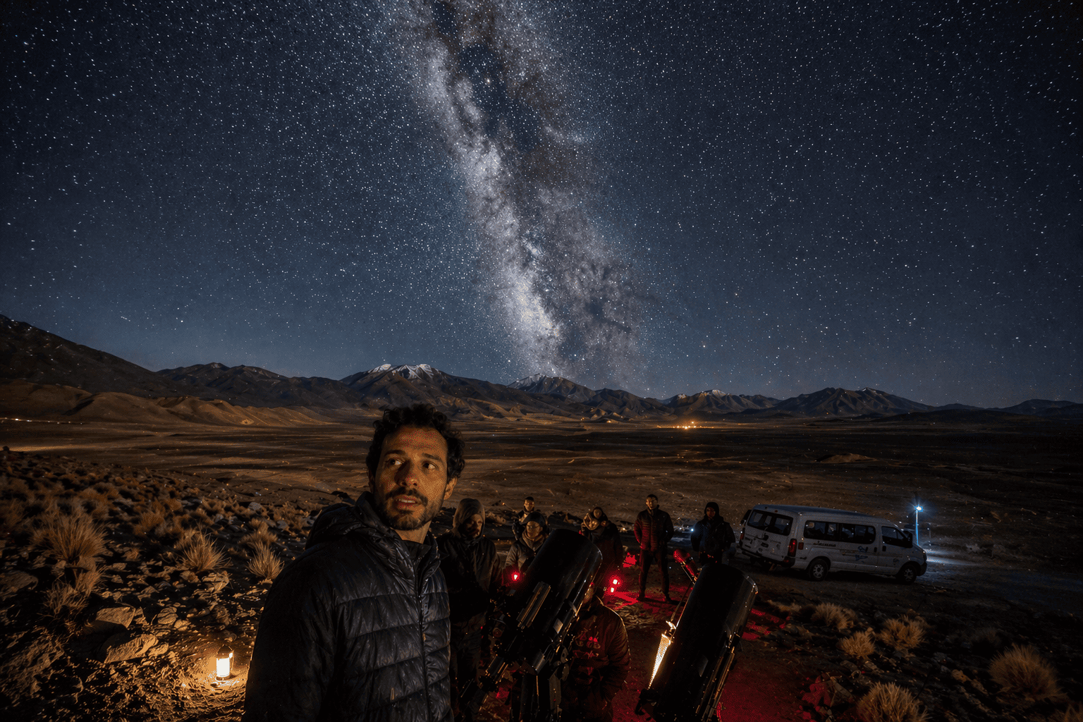 Céu estrelado com a Via Láctea visível sobre telescópios profissionais no Deserto do Atacama. Imagem de tour astronómico guiado para brasileiros com astrofotografia.