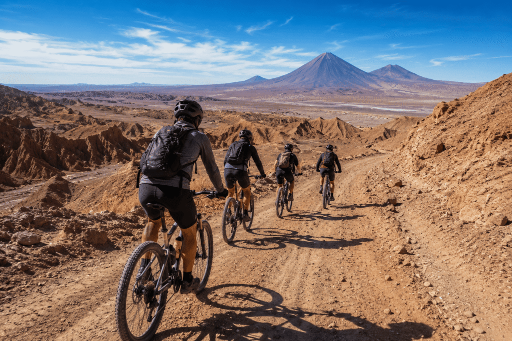 Turista andando de bicicleta em uma trilha entre os paredões de pedra no Deserto do Atacama.